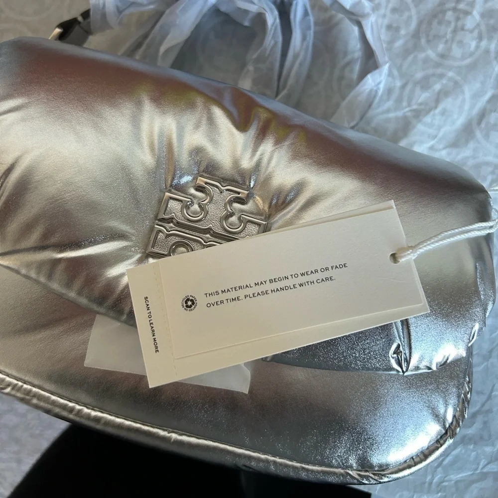 Tory Burch Britten Metallic Puffy Convertible Crossbody Bag Silver